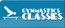 White gymnast icon and “GYMNASTICS CLASSES” text on a blue background