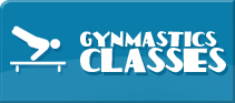 White gymnast icon on blue banner with “GYMNASTICS CLASSES” text