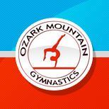 Oak Mountain Gymnastics logo with red gymnast silhouette on white circle over blue and orange background