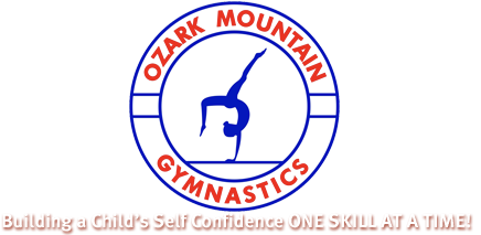Ozark Mountain Gymnastics logo with blue gymnast in circle and red text