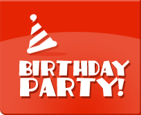 Red birthday party card with party hat and bold white text reading “BIRTHDAY PARTY!”