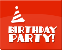 Red birthday party graphic with a party hat and bold white text.