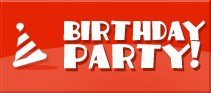 Red birthday party banner with a striped party hat and bold white text