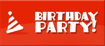 Red birthday party banner with a striped party hat and confetti-like burst, reading “BIRTHDAY PARTY!”