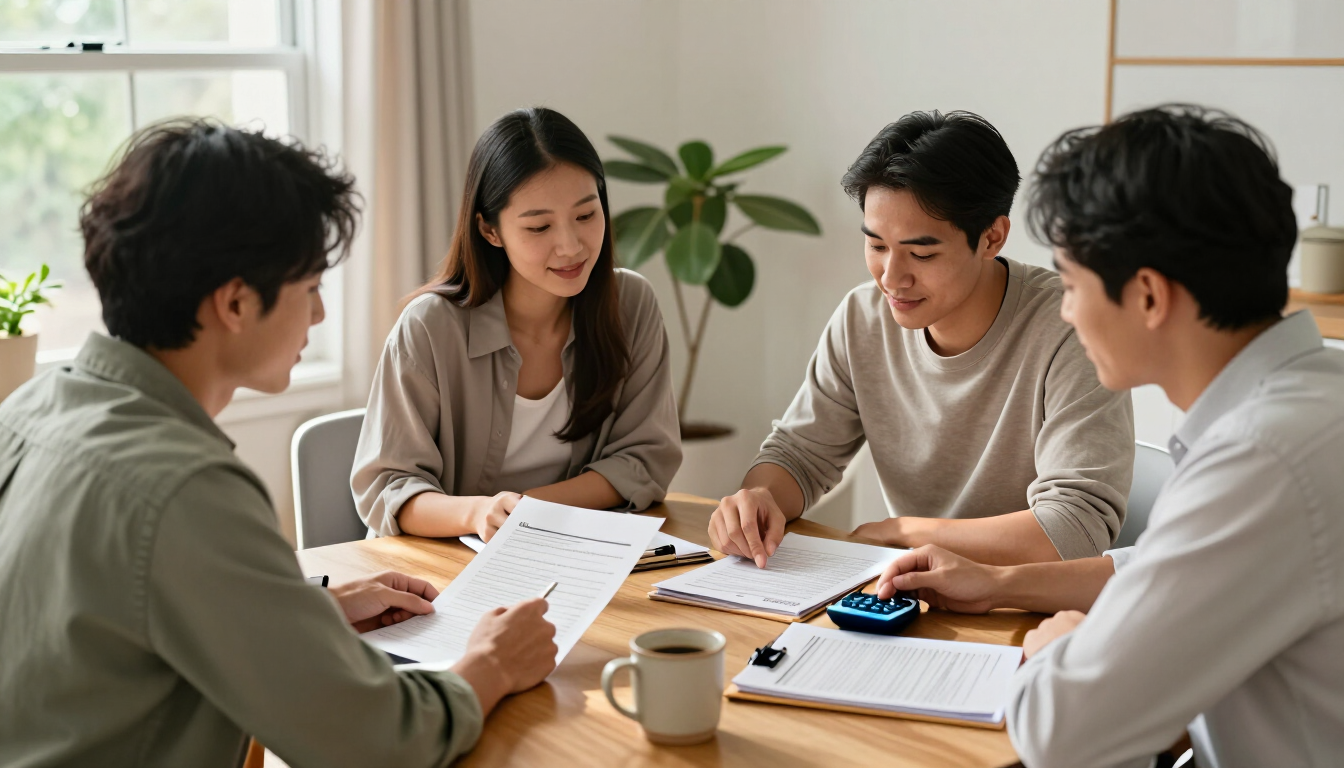 First-time buyers comparing mortgage options with a real estate agent