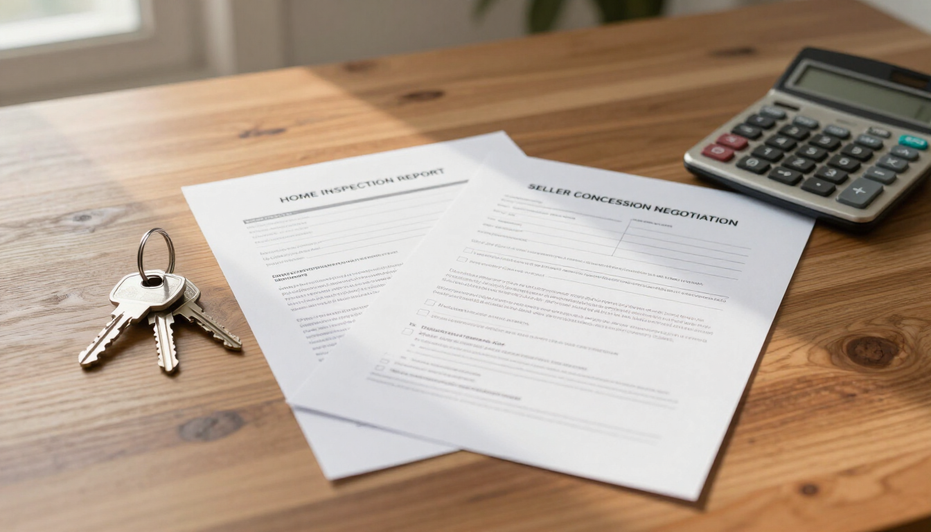 Home inspection and seller concession negotiation documents on a table