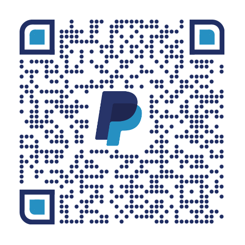 PayPal QR code for payments. Features a PayPal logo.