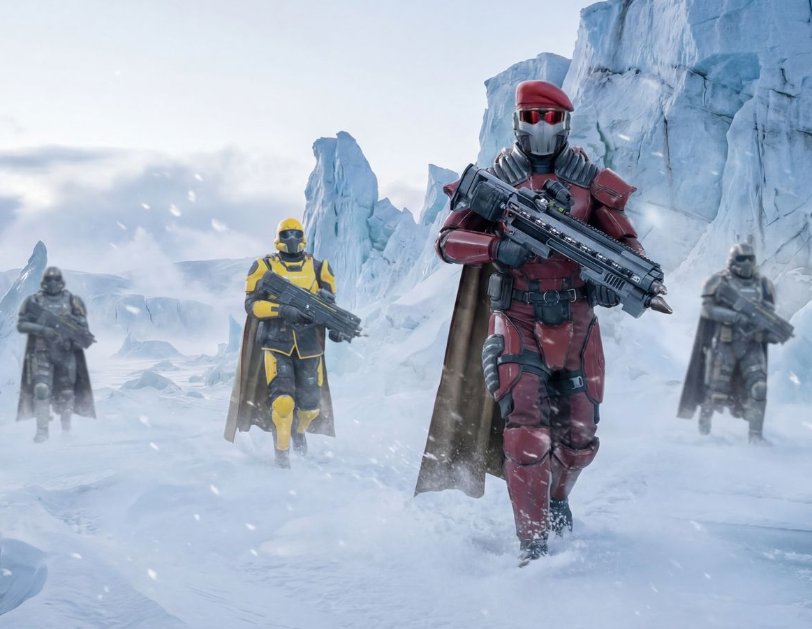 Armored soldiers in red, yellow, and gray advance through a snowy, icy landscape.