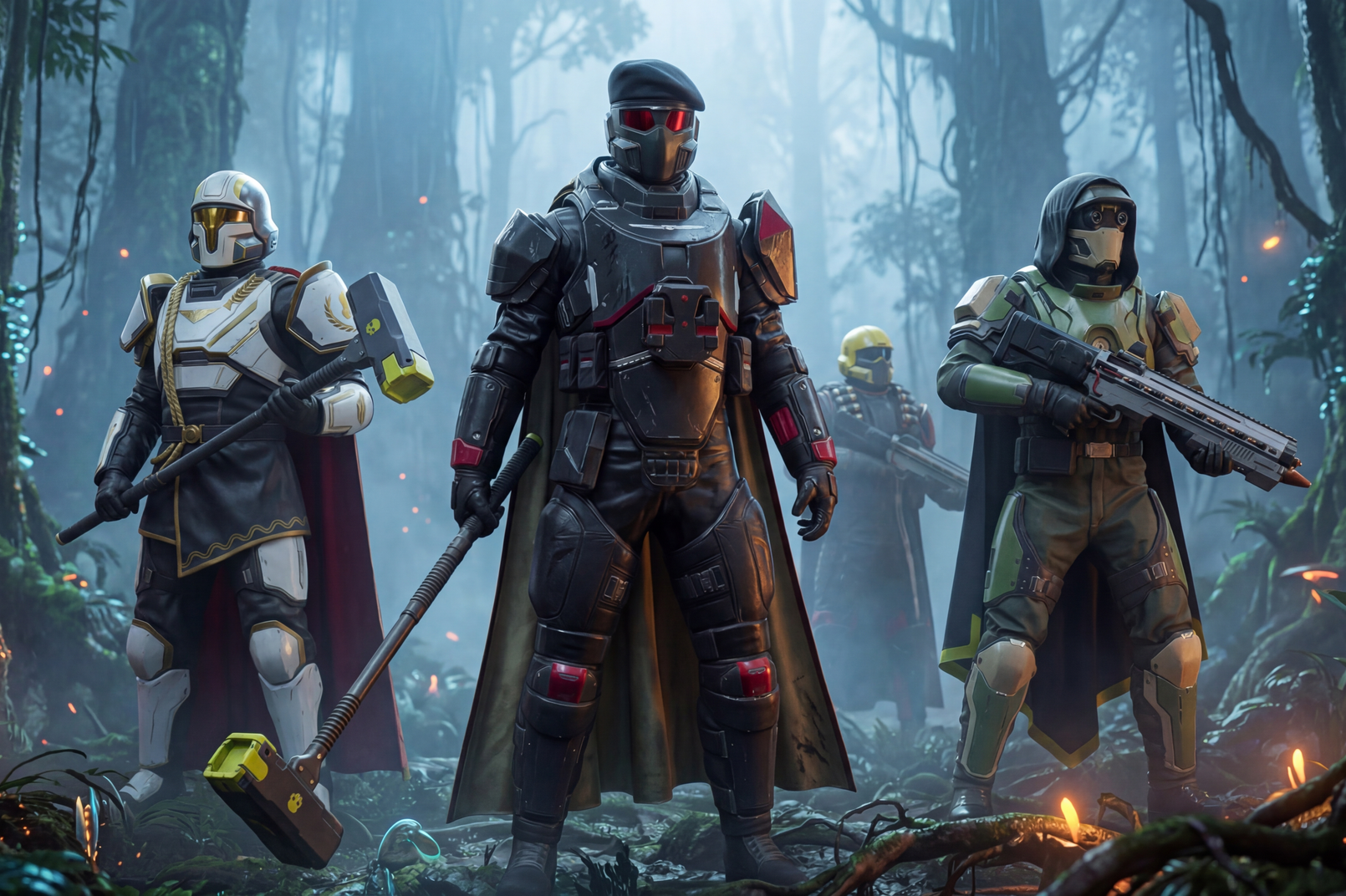 Three armored sci-fi soldiers stand in a misty forest, weapons ready, with blue and orange lights.