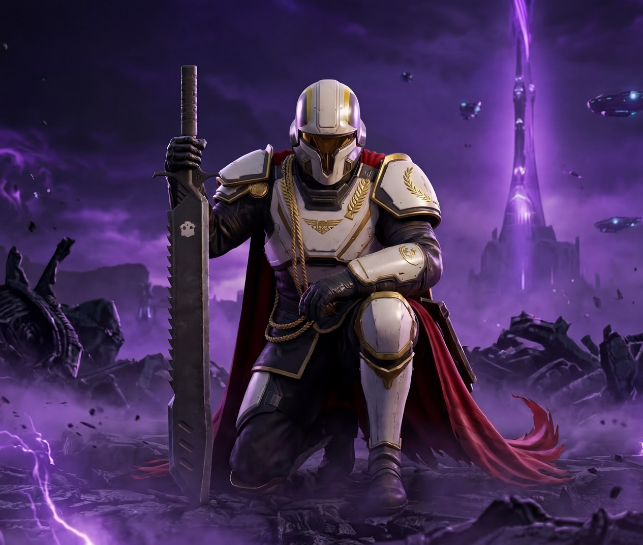 Armored sci-fi warrior kneels beside a sword in a purple alien landscape with a glowing tower in the distance