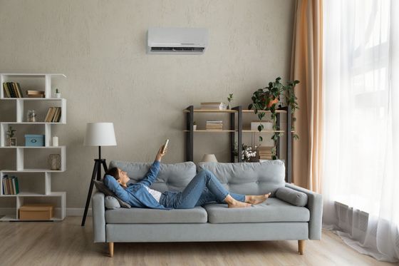 A happy young lady regulates the AC's climate at home using a modern device. A happy young lady regulates the AC's climate at home using a modern device.