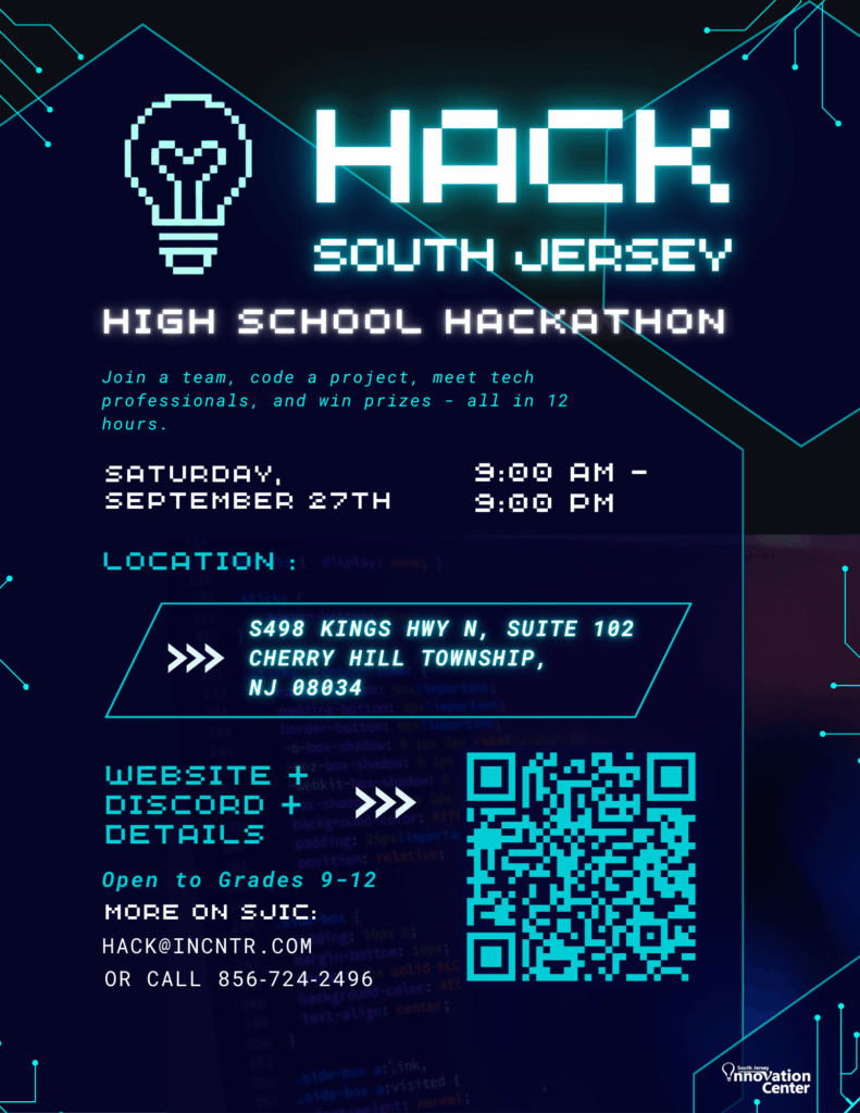 Neon blue hackathon poster for Hack South Jersey, with date, time, location, and QR code.