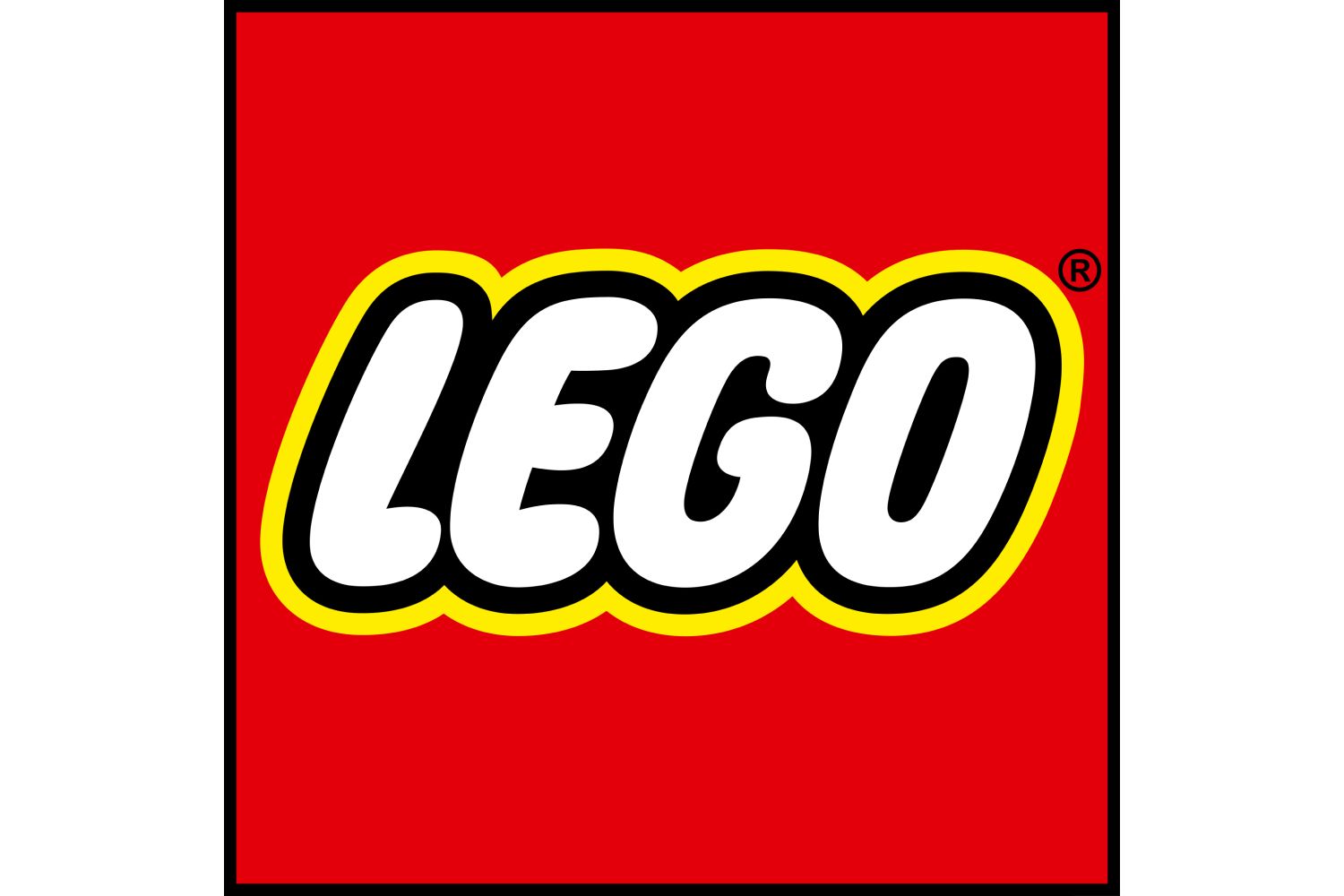 LEGO logo in white letters on a red square background