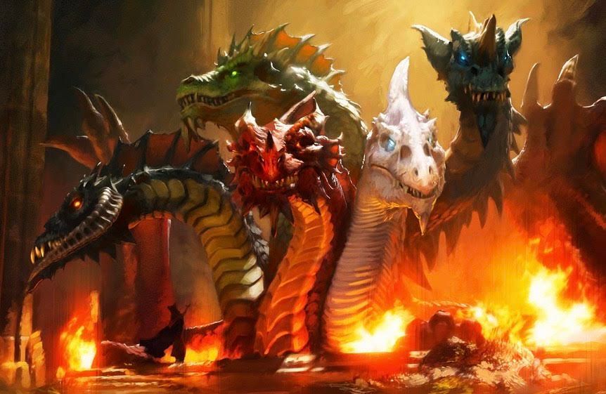 Five dragon heads rise amid flames, with red, green, white, and blue dragons in a fiery fantasy scene