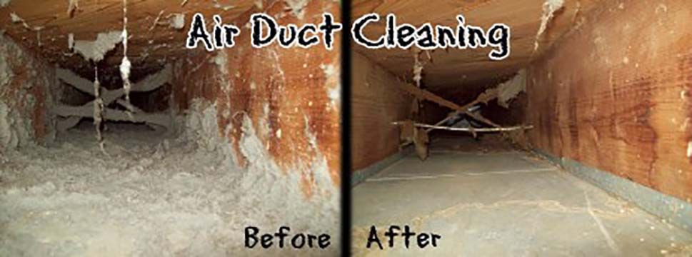 Air duct cleaning before-and-after view, showing a dirty duct on the left and a clean duct on the right.
