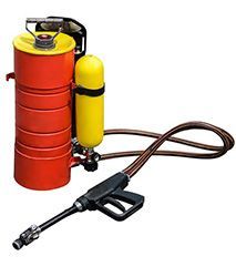 Red and yellow portable fire extinguisher with hose and nozzle on a white background