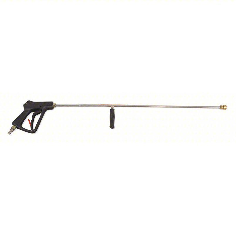 Black and silver pressure washer gun with long wand and yellow tip on white background