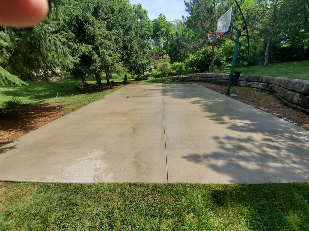 Tree-lined concrete path in a park beside a stone wall, with sunlight and a finger partly covering the top left corner