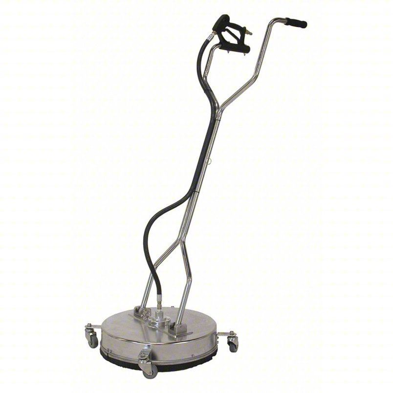 Stainless steel rolling sculpture with a long curved handle and tripod-like base on a white background