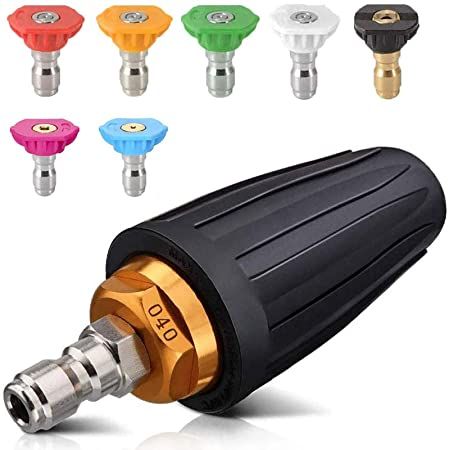 Set of colorful hose spray nozzles and a black-and-gold adjustable spray gun attachment