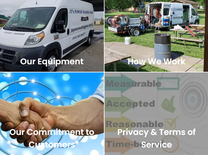 Four-panel cleaning service collage: van, crew, equipment, handshake, and privacy compliance badge.