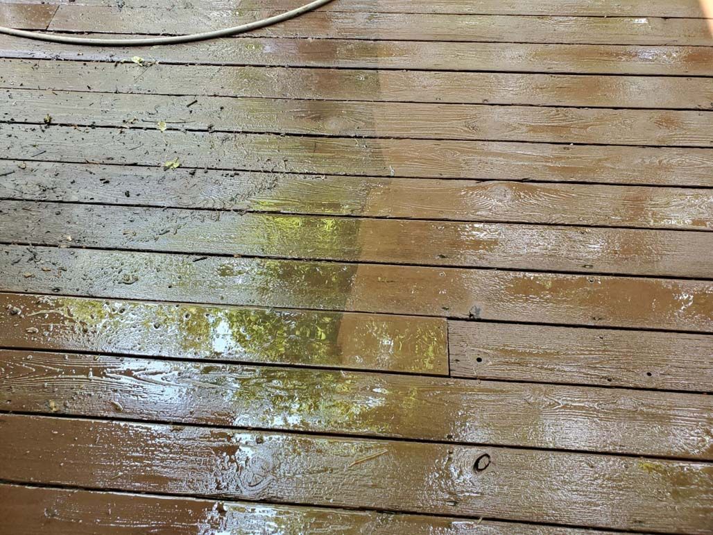 Wet wooden deck with a yellowish stain and a hose in the top left corner