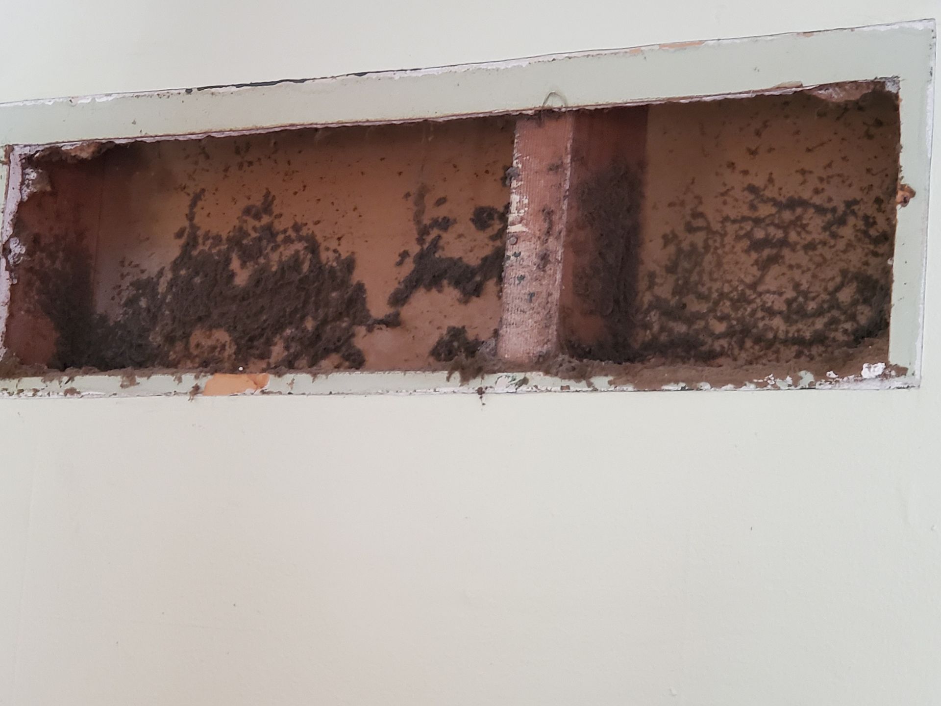 White wall with a long rectangular cutout exposing a rusted, rust-brown interior cavity