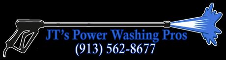 JT’s Power Washing Pros logo with a pressure washer spraying blue water and phone number (913) 562-8677