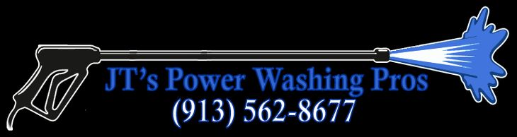 JT’s Power Washing Pros logo with a pressure washer spraying blue water and phone number (913) 562-8677