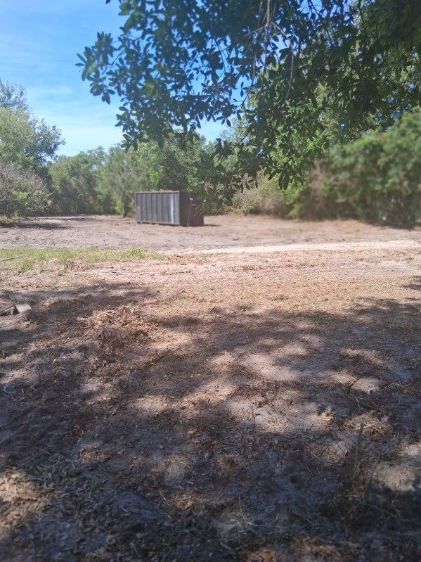 Leafy yard with dry ground, a small shed, and trees casting shade under a blue sky.
