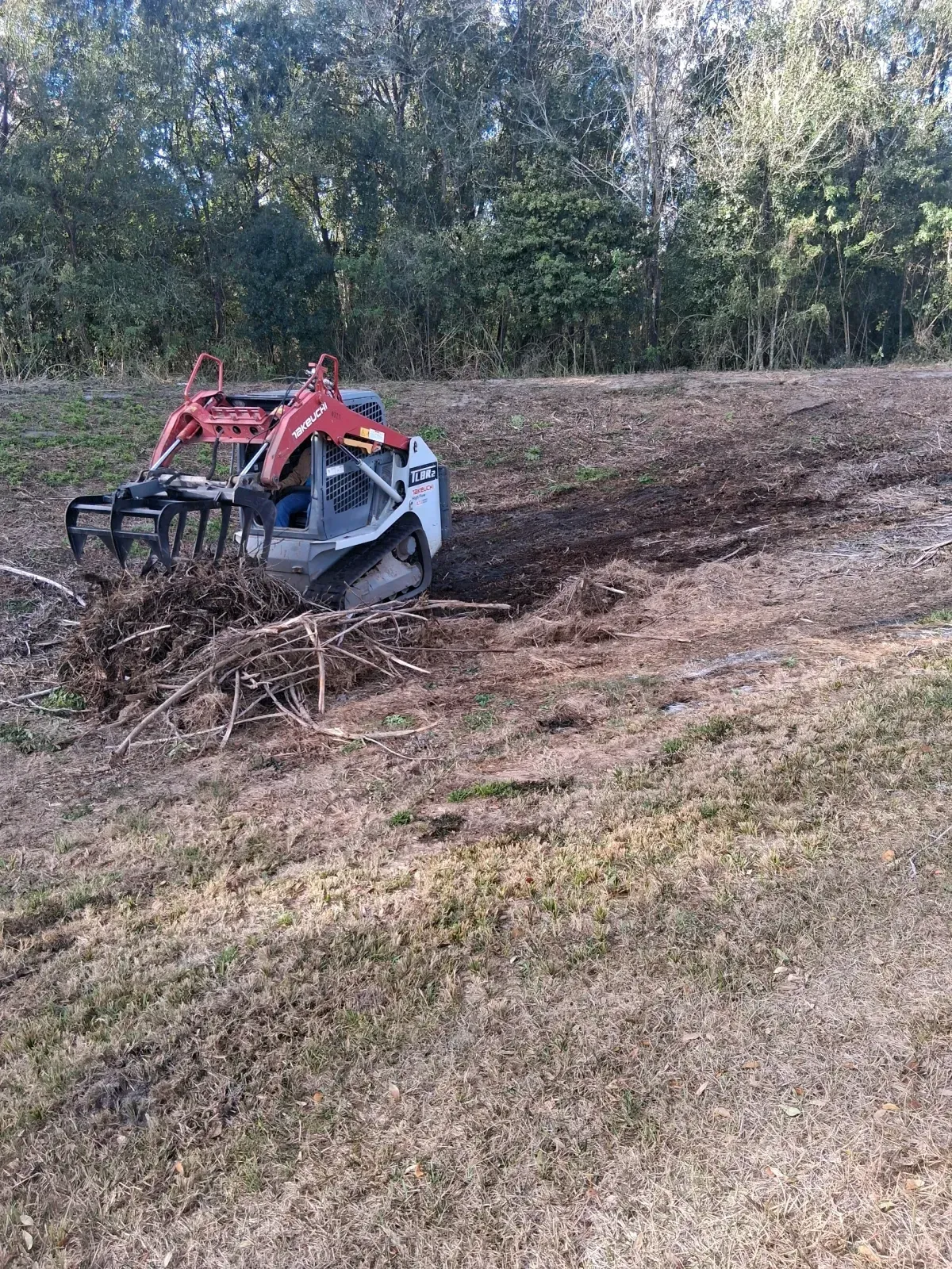 A red and white skid-steer loader with a grapple attachment clears brush and soil in an open field near a tree line.