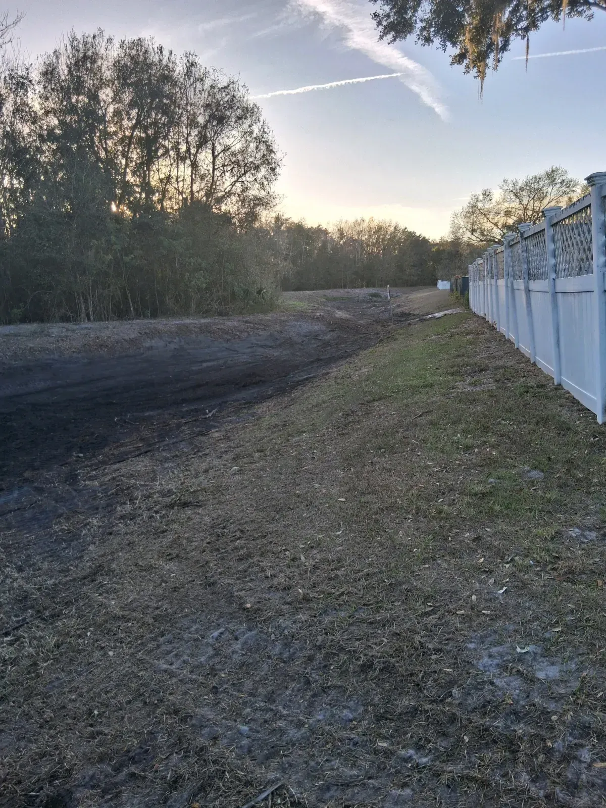 A dirt path leading into a tree-lined horizon next to a white fence at sunset.