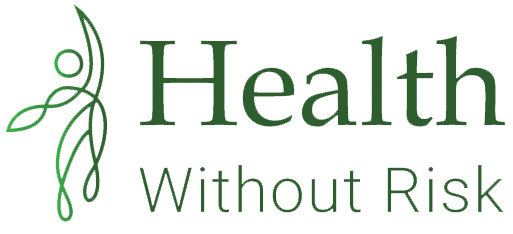 A logo for health without risk with a green leaf