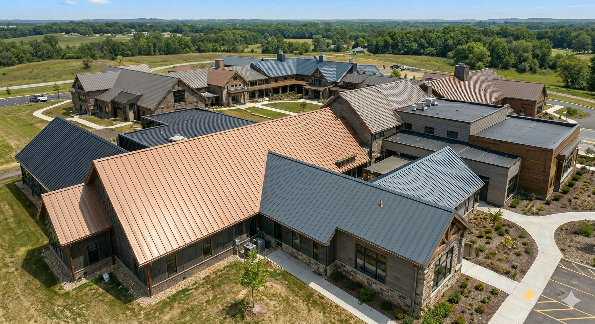 An aerial view of a large, modern lodge-style building with mixed stone and wood siding, surrounded by grassy landscape.