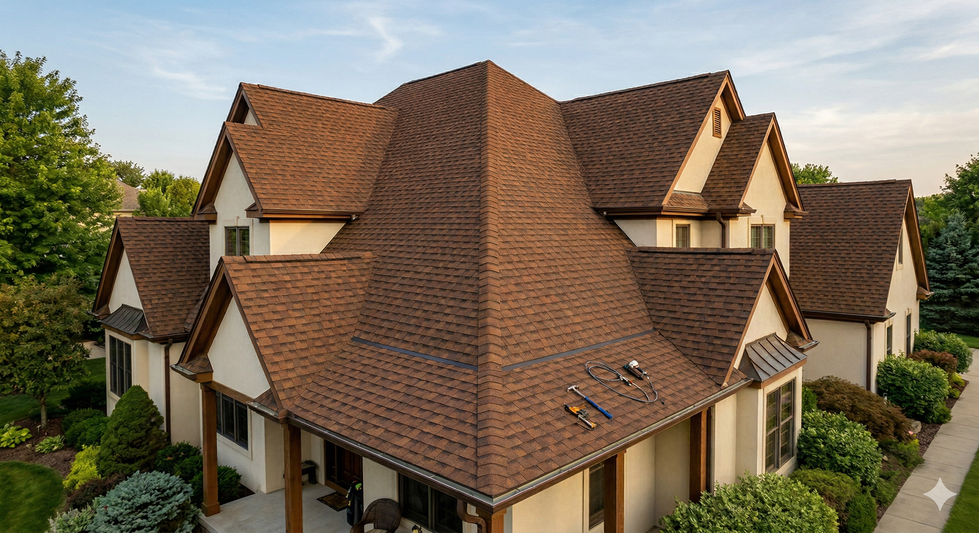 A large, multi-gabled house with a textured brown roof and light-colored stucco exterior, surrounded by green trees.