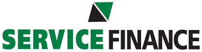 A logo for service finance with a green and black triangle on a white background.
