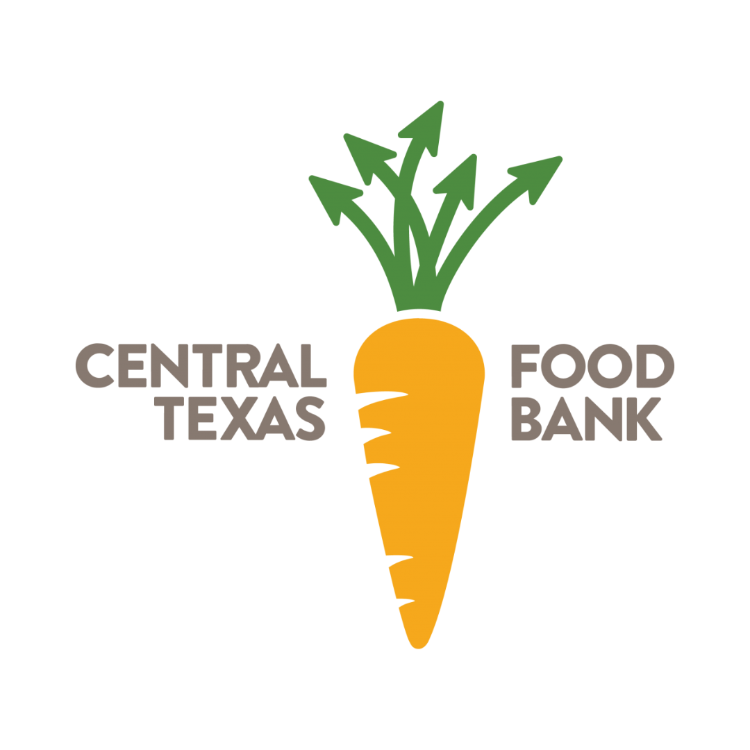 The logo for the central texas food bank shows a carrot with arrows coming out of it.