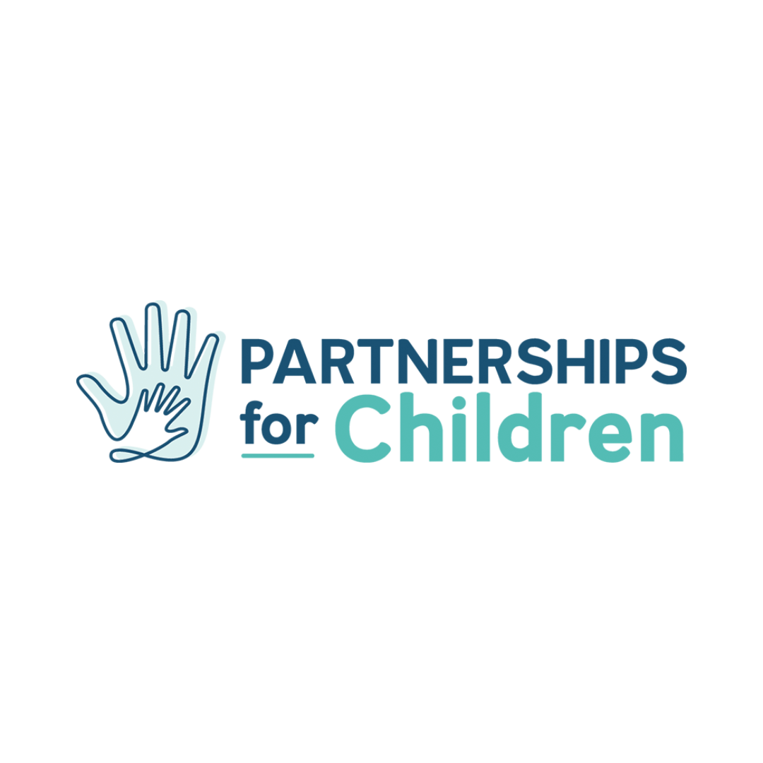 A logo for partnerships for children with a hand and a child 's hand.