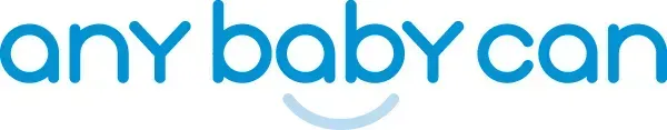 A blue logo for any baby can with a smiling face.
