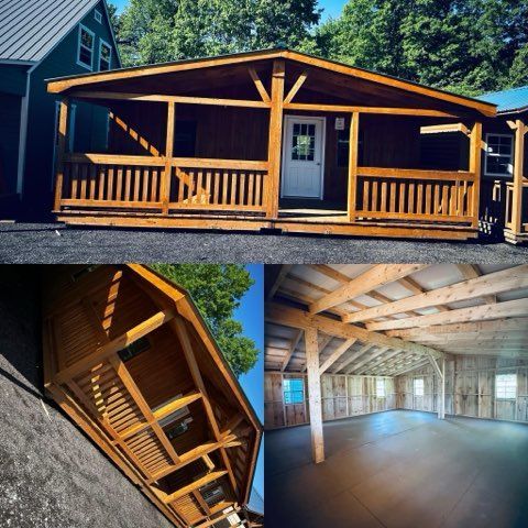 A collage of three pictures of a wooden house