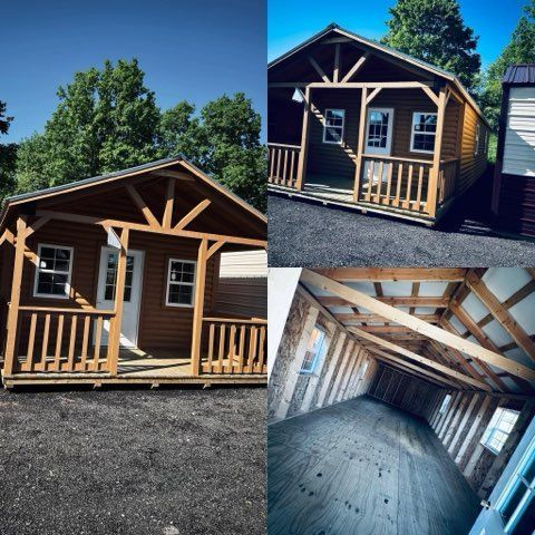 A collage of pictures of a small house with a porch