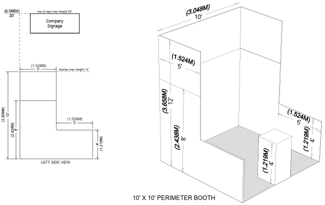 Booth layout diagram showing dimensions and a 10' x 10' perimeter booth arrangement.