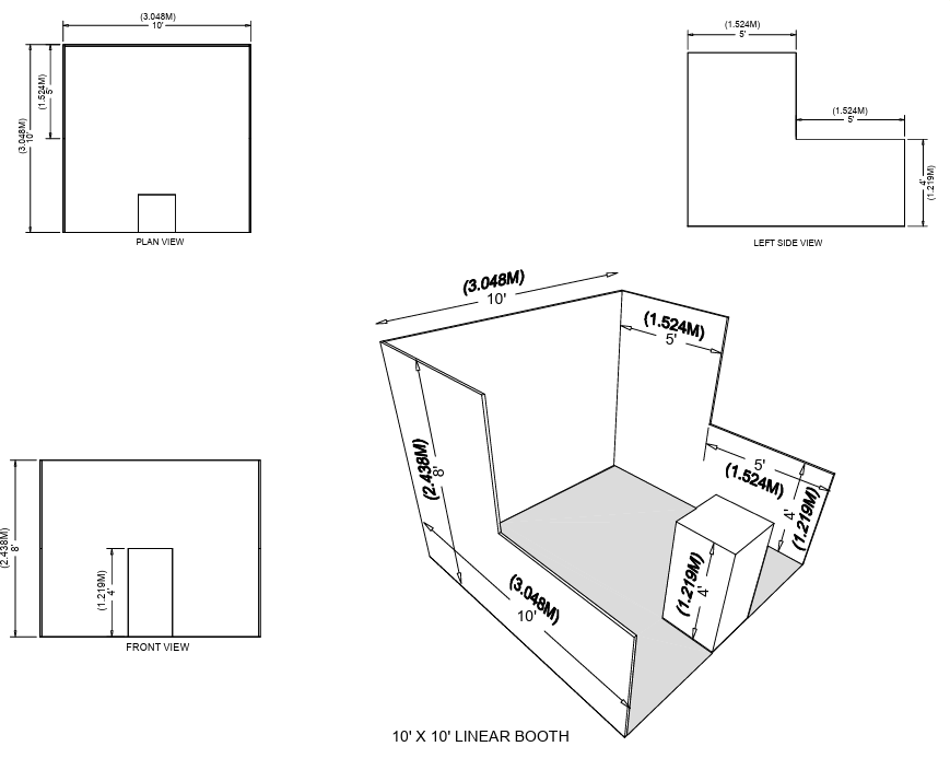 Technical diagram of a 17' x 10' trade booth with floor plan, elevations, and 3D view
