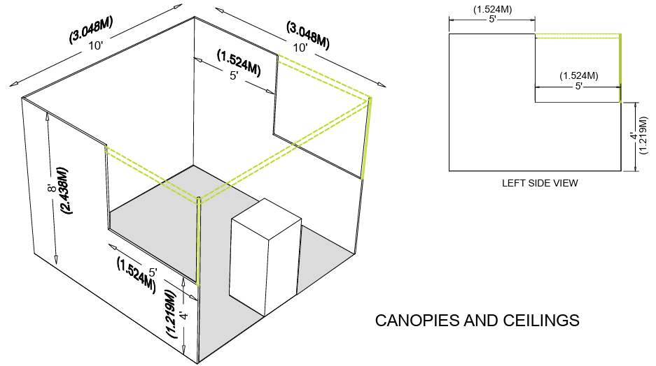 Architectural diagram of canopies and ceilings with labeled dimensions and side view.
