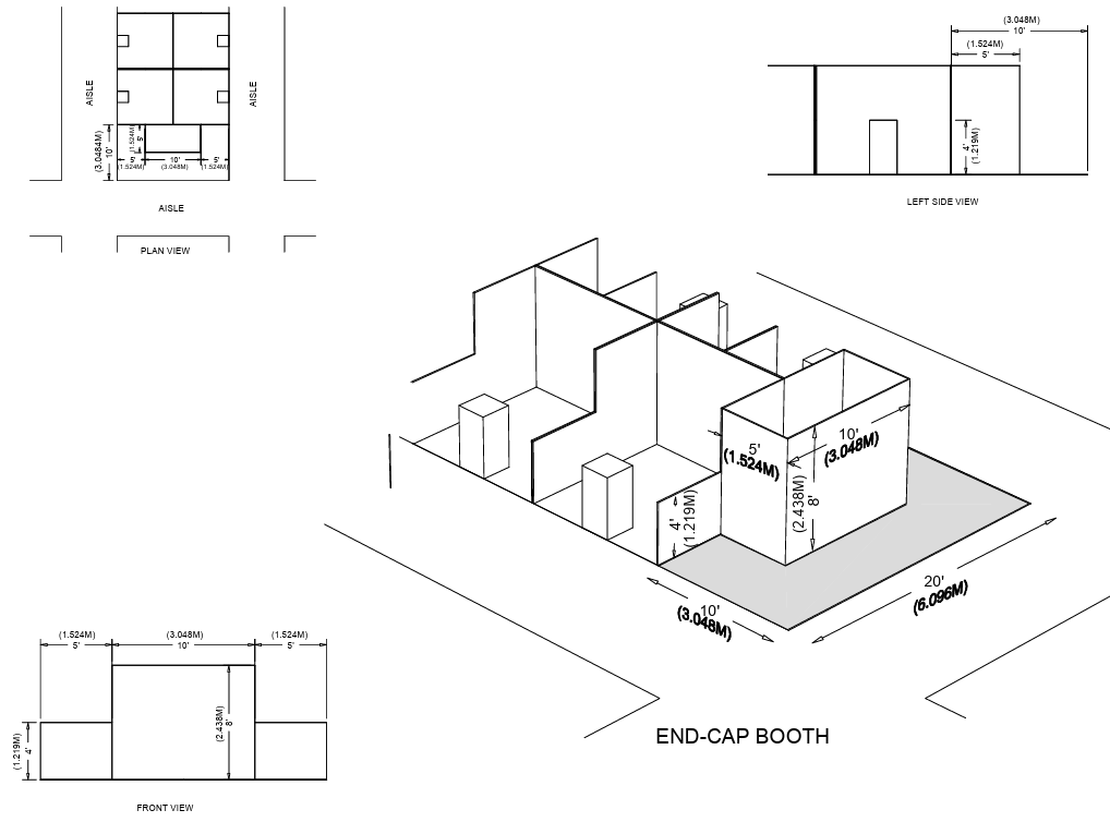 Architectural drawing of an end-cap booth with floor plan, elevation, and perspective views