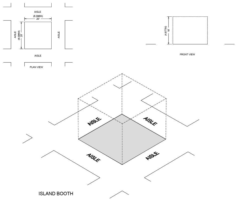 Diagram of an island booth layout with labeled side views and a central 3D view, black-and-white line drawing
