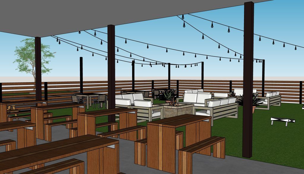 A computer generated image of a pavilion with tables and benches