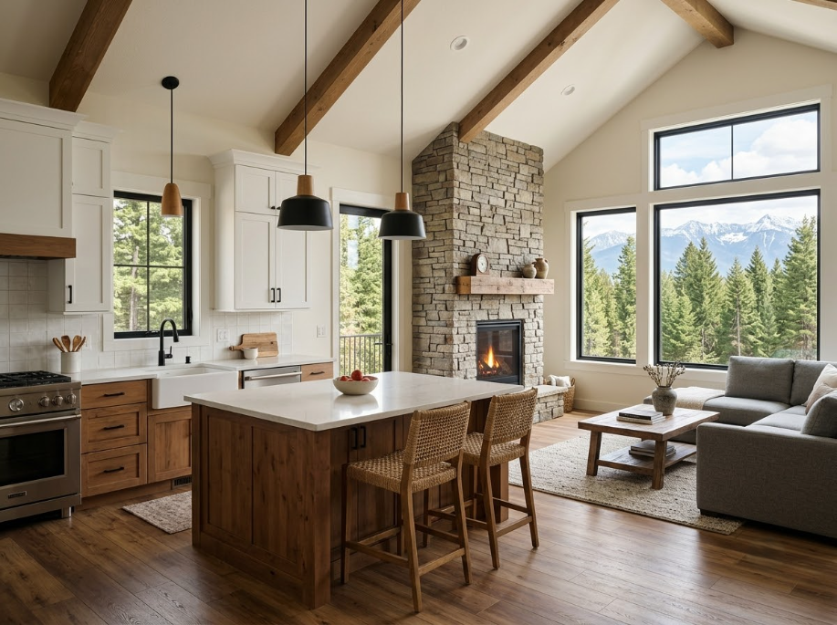 Modern open-concept living room with kitchen, stone fireplace, wood beams, and large windows overlooking trees