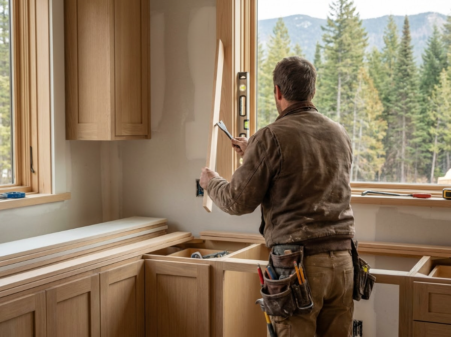 Worker installing a window in a kitchen with wood cabinets and mountain view outside