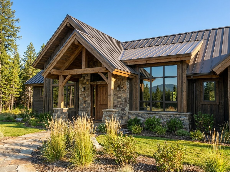 Stone and wood lodge-style house with large windows and a metal roof, surrounded by trees and landscaping